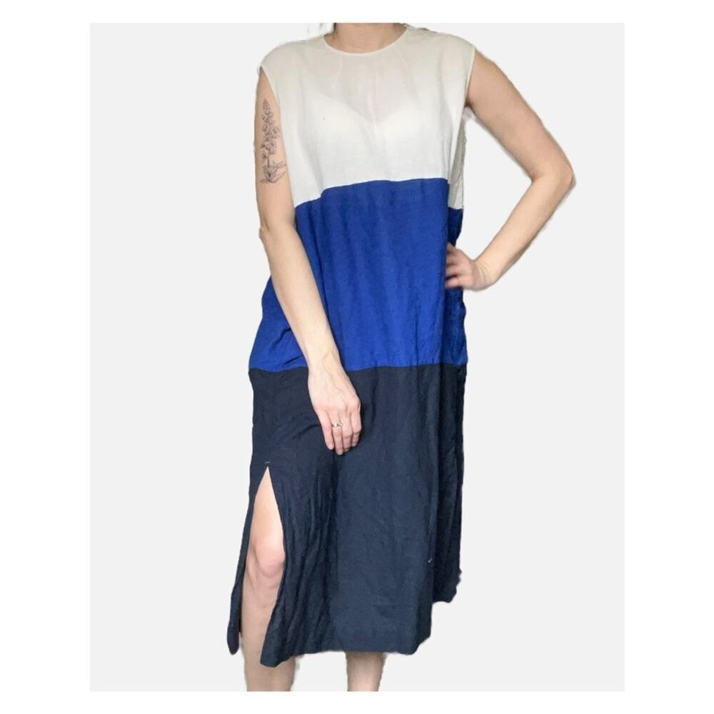 Fabiana Pigna Linen Cotton Colorblock Sleeveless Midi Dress Blue White Medium